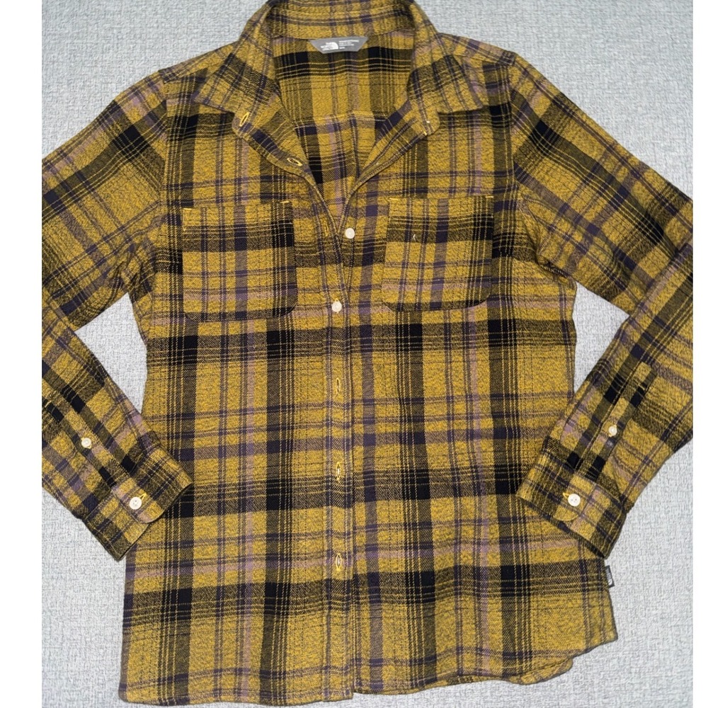 Women's The North Face Medium Flannel M Shirt Yellow Plaid Long Sleeve Cotton